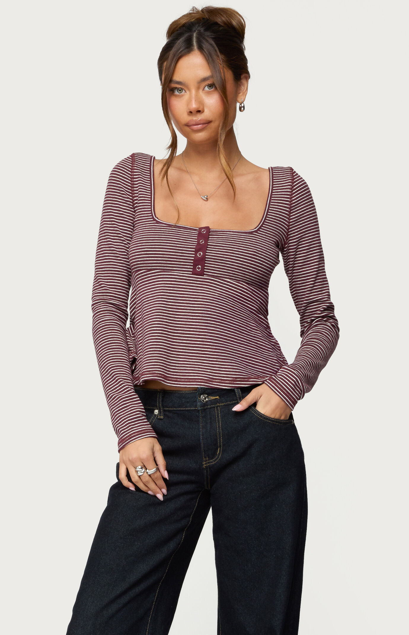Edikted Sare Striped Babydoll Henley Top