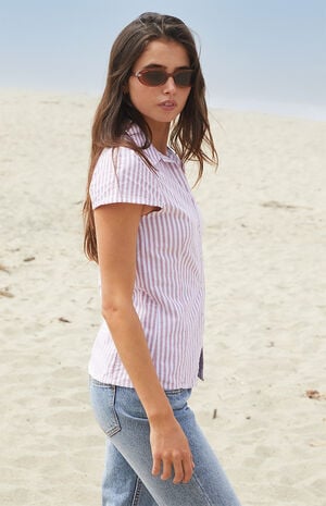 White & Red Striped Rue Collared Top image number 2
