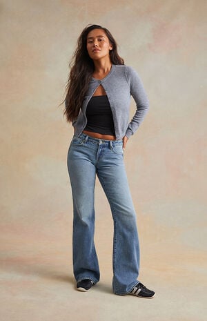 Light Blue Lock Embroidered Chain Low Rise Bootcut Jeans image number 4