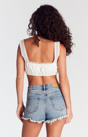 Medium Indigo Ripped Zip Fly High Waisted Denim Festival Shorts image number 3