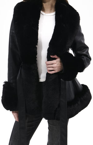 Kenzy Black Faux Leather & Fur Belted Coat image number 4