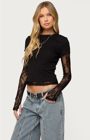 Layered Lace Sleeve T-Shirt image number 2