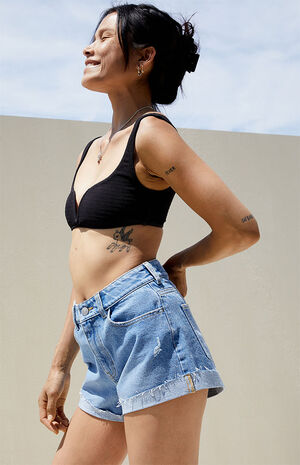 Medium Blue Roll Cuff Denim Mom Shorts image number 3