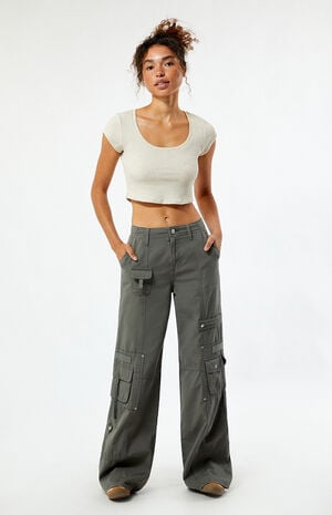 Dark Gray Low Rise Baggy Flare Cargo Pants image number 1