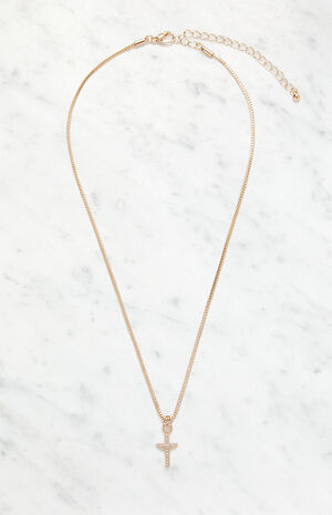 Gold Rhinestone Cross Necklace image number 1