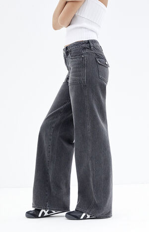 Casey Black Button Pocket Low Rise Baggy Jeans image number 3