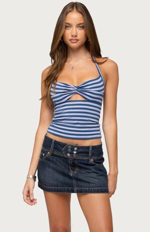 Twisted Cutout Striped Halter Top image number 1