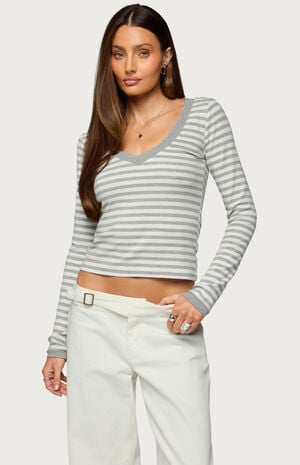 Kimi Striped Long Sleeve V Neck Top image number 1