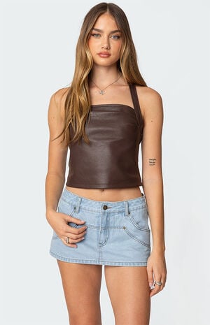 Draped Faux Leather Halter Top image number 1