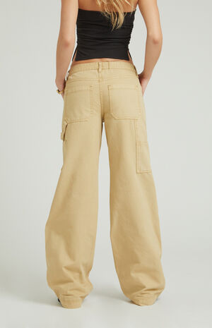 Tan Rhinestone Low Rise Baggy Carpenter Pants image number 4