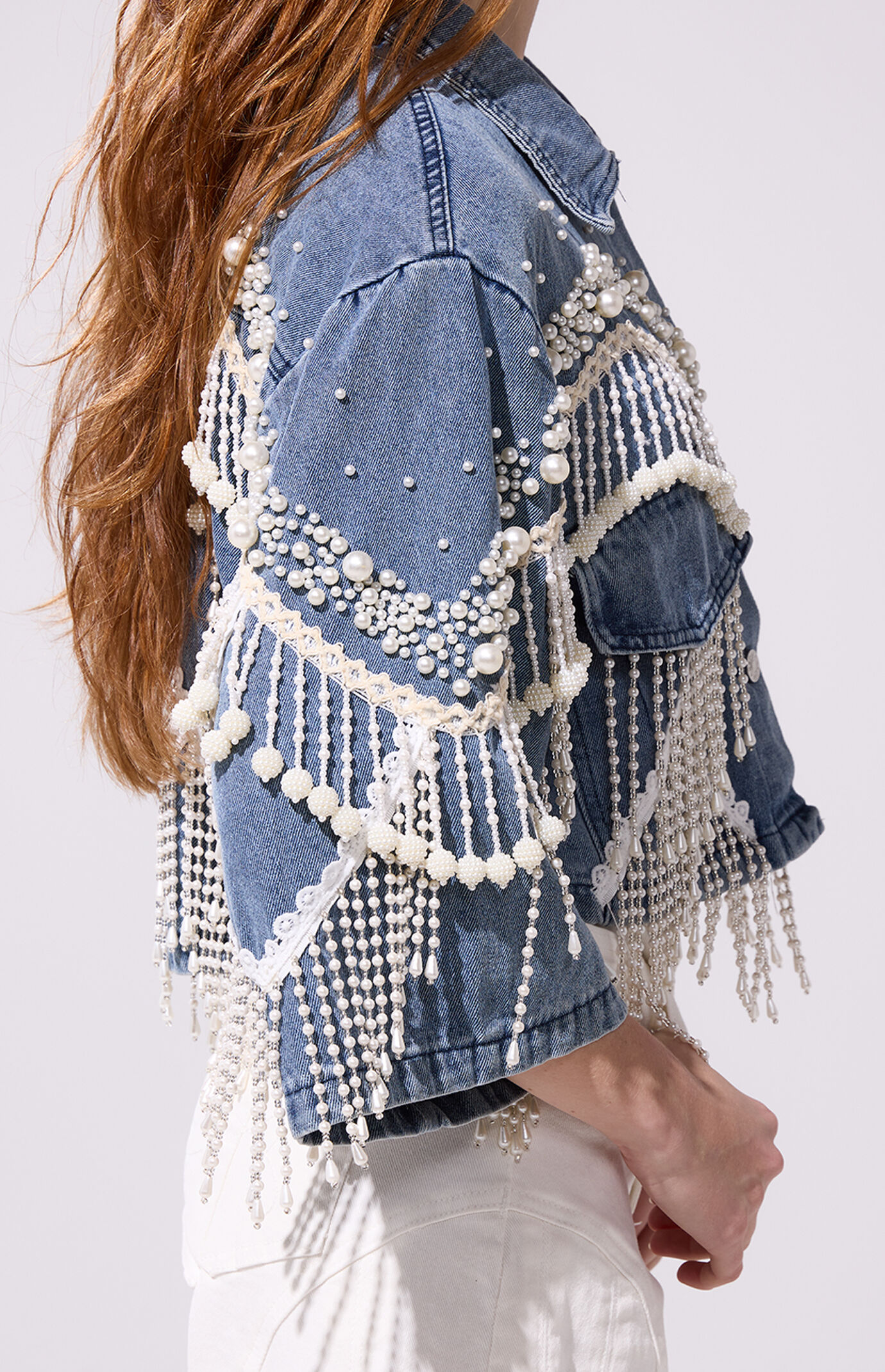 AZALEA WANG Adelynne Pearl Cropped Denim Jacket
