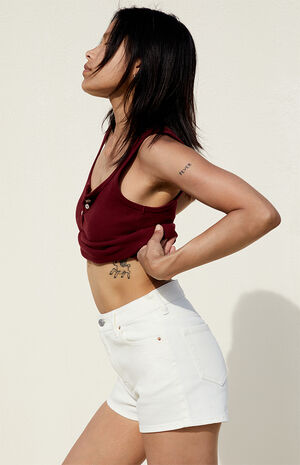 White Stretch High Waisted Denim Shorts image number 2