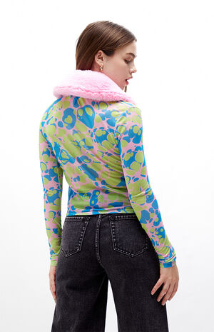 Recycled Fur Collar Button Front Mesh Top image number 4