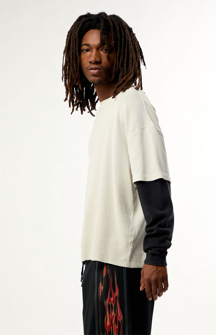 Pacsun Cream Waffle Knit 2Fer Layered Long Sleeve T-Shirt | Pacsun