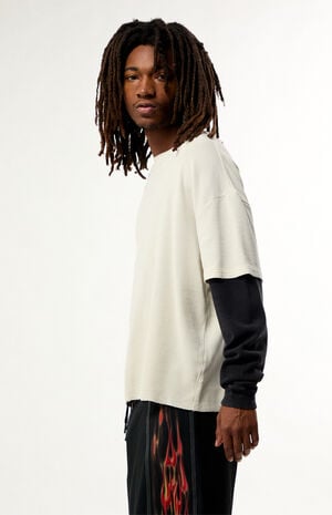 Cream Waffle Knit 2Fer Layered Long Sleeve T-Shirt image number 2