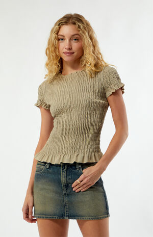 Beige Checker Shirred Short Sleeve Top image number 1