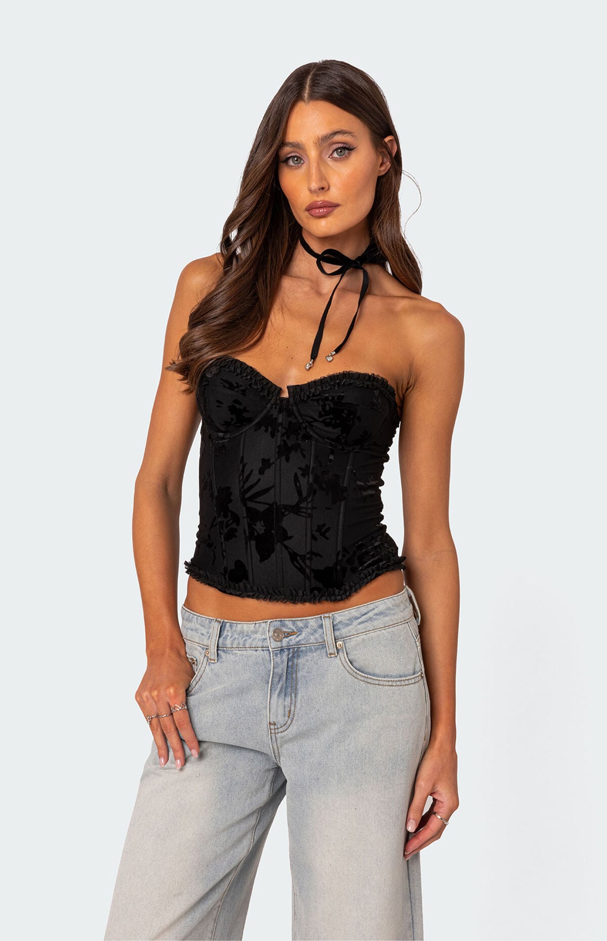 PacSun Edikted Marine Velvet Embroidered Corset Top