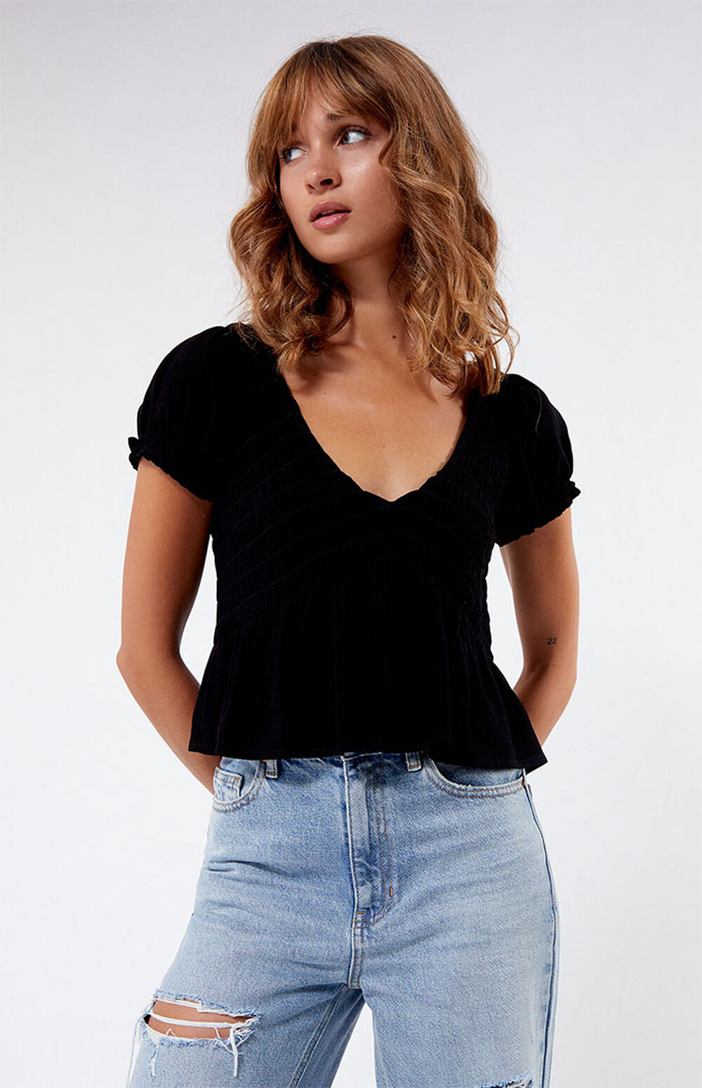 Floral Puff Sleeve Round Neck Babydoll Top