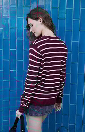 Burgundy Thin Stripe Crew Neck Sweater image number 4