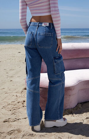 Dark Blue Mid Rise Fitted Cargo Flare Jeans image number 2