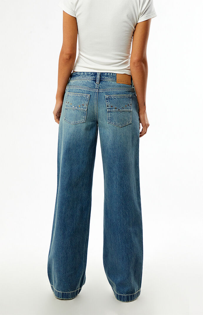 Pacsun Casey Low Rise Baggy Jeans Pocket Studs Medium Blue