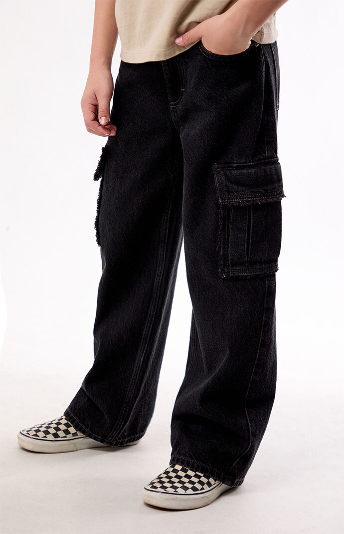 Pacsun Kids Baggy Jeans Frayed Cargo Black Wash