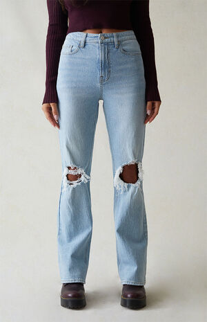 Eco Light Blue Ripped Curve High Waisted Bootcut Jeans image number 1
