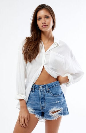 501 Medium Indigo Distressed Denim Shorts