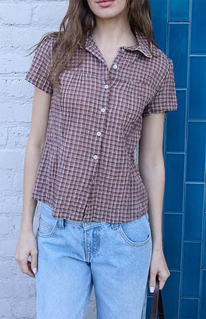 Brown Plaid Textured Teagan Collared Top image number 2
