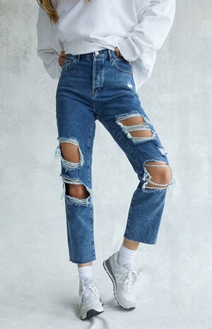 Medium Blue Distressed High Waisted Straight Leg Jeans image number 1