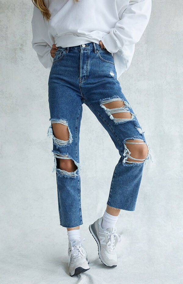 Medium Blue Distressed High Waisted Straight Leg Jeans