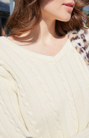 White Nikki V-Neck Cable Knit Sweater image number 3