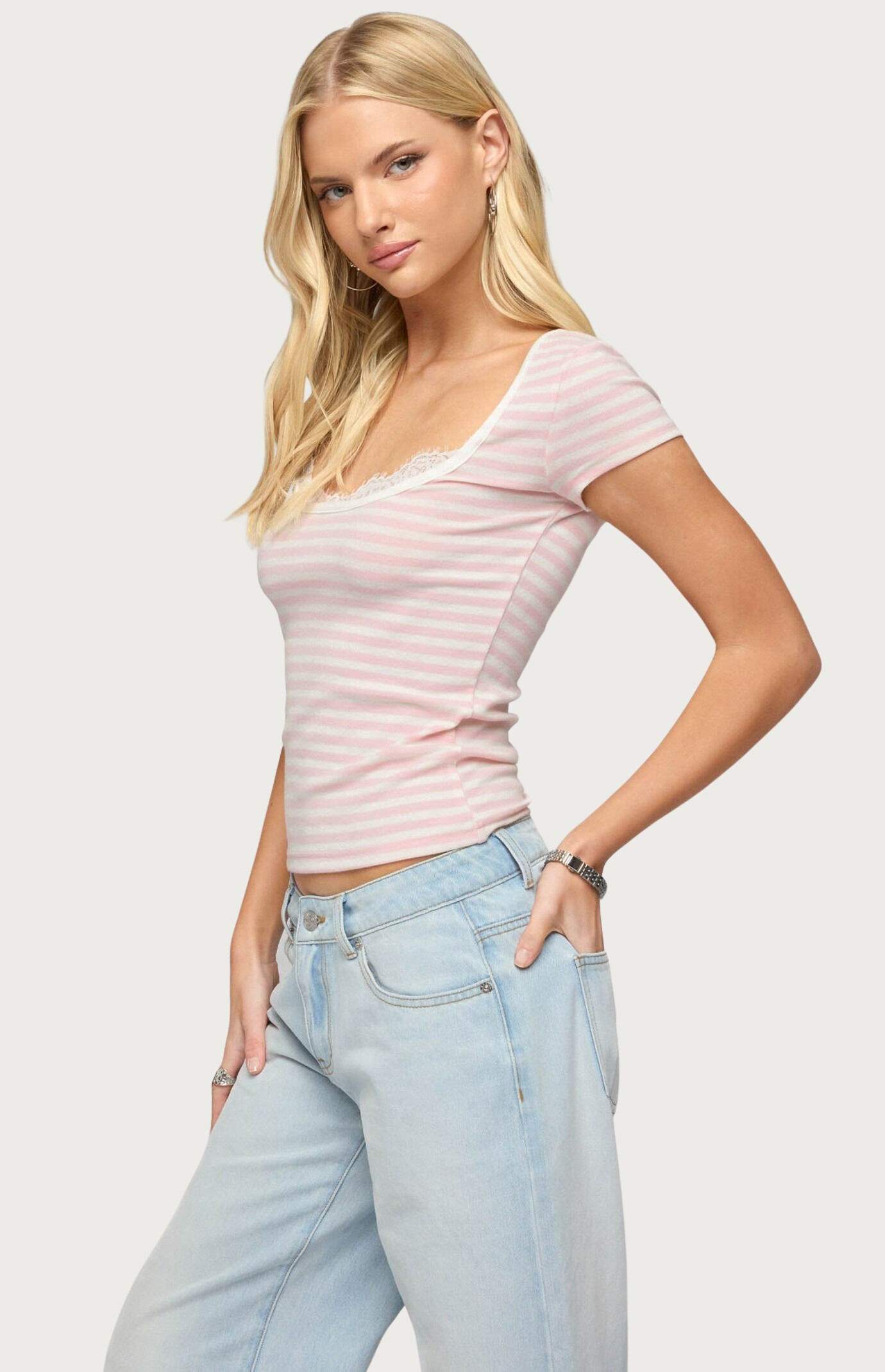 Edikted Layered Lacey Striped T-Shirt