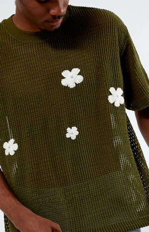 Olive Flower Crochet Oversized T-Shirt image number 2