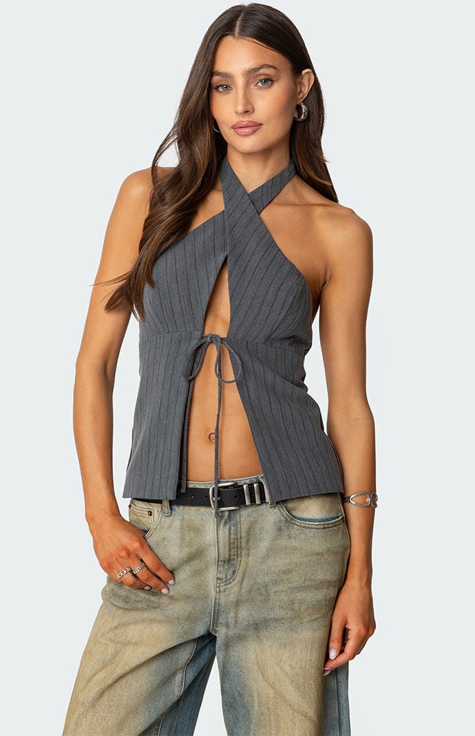 Edikted Split Front Pinstripe Halter Top | PacSun