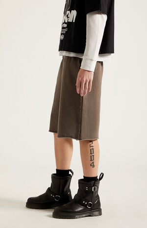 Washed Brown Fleece Raw Baggy Sweat Shorts image number 4