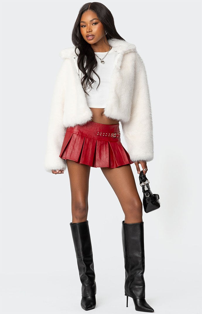 Red faux leather pleated skirt on sale