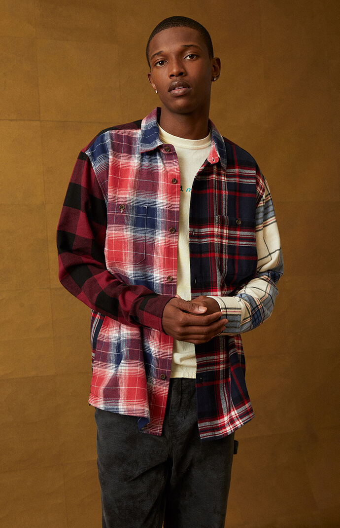Pacsun plaid mix hooded long sleeve button up shirt top