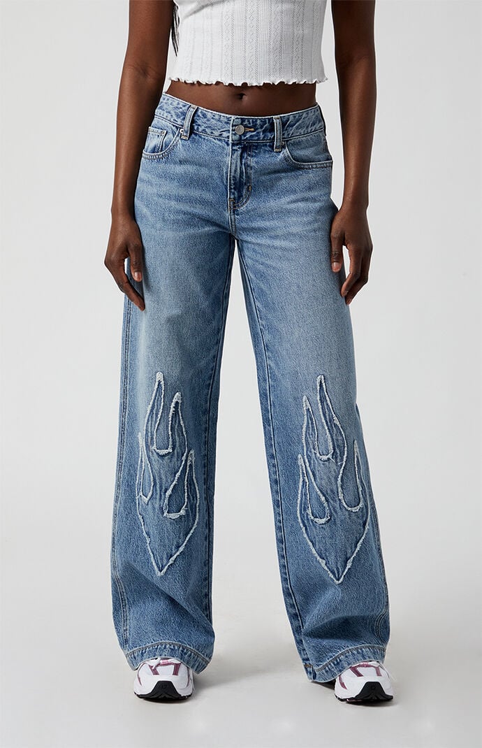 Pacsun Casey Low Rise Baggy Jeans Frayed Flame Patch Medium Indigo