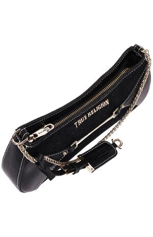 Top Zip Black Denim Shoulder Bag image number 5