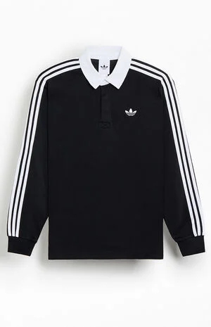 Black 3-Stripes Long Sleeve Polo Rugby Shirt image number 1