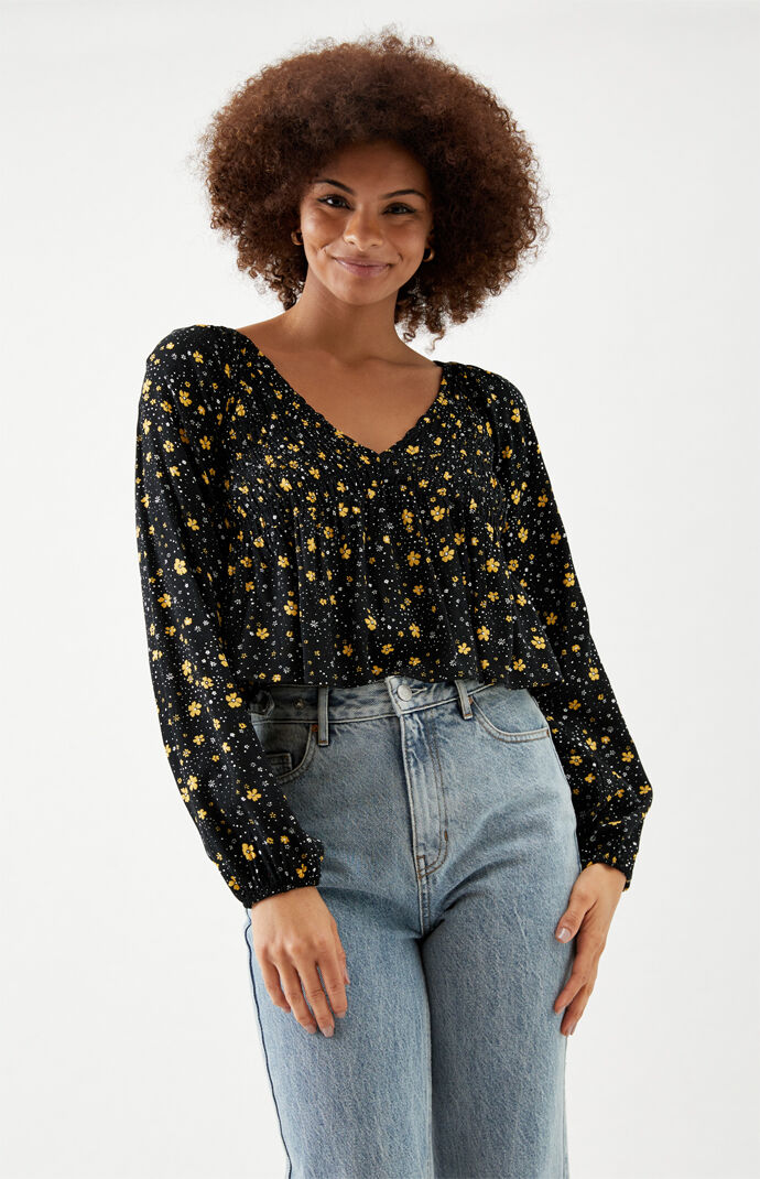 Long Sleeve V-Neck Smocked Babydoll Top