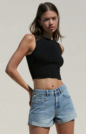 Light Indigo Roll Cuff Denim Mom Shorts image number 1