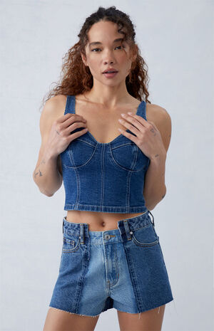 Eco Two-Tone Indigo High Waisted Denim Festival Shorts image number 1