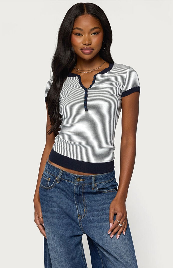 Edikted Regin Striped Ribbed Henley Top