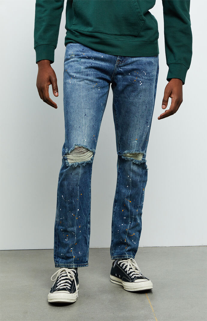 Medium Ripped Splatter Slim Taper Jeans