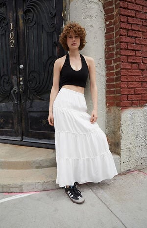 white cotton tiered maxi skirt