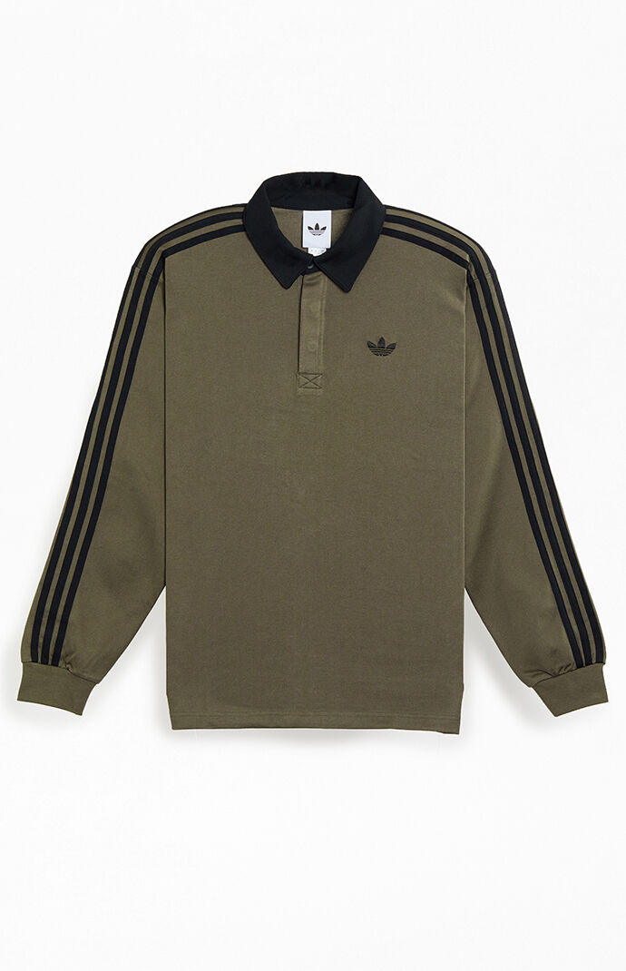 Adidas Men's Olive Three Stripe Long Sleeve Rugby Shirt - Size Medium