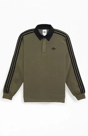 Olive Three Stripe Long Sleeve Rugby Shirt image number 1