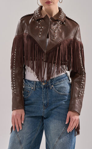 Reece Brown Western Fringe Faux Leather Jacket image number 4